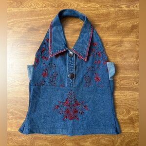 Vintage 80s Denim Halter Vest Women Small Blue Red Floral Stitch Embroider Jean